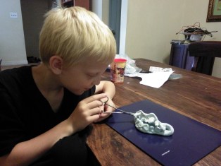My son practicing pulling out the tooth.  Model magic teeth and a pair of clamps. Tweezers would work too.